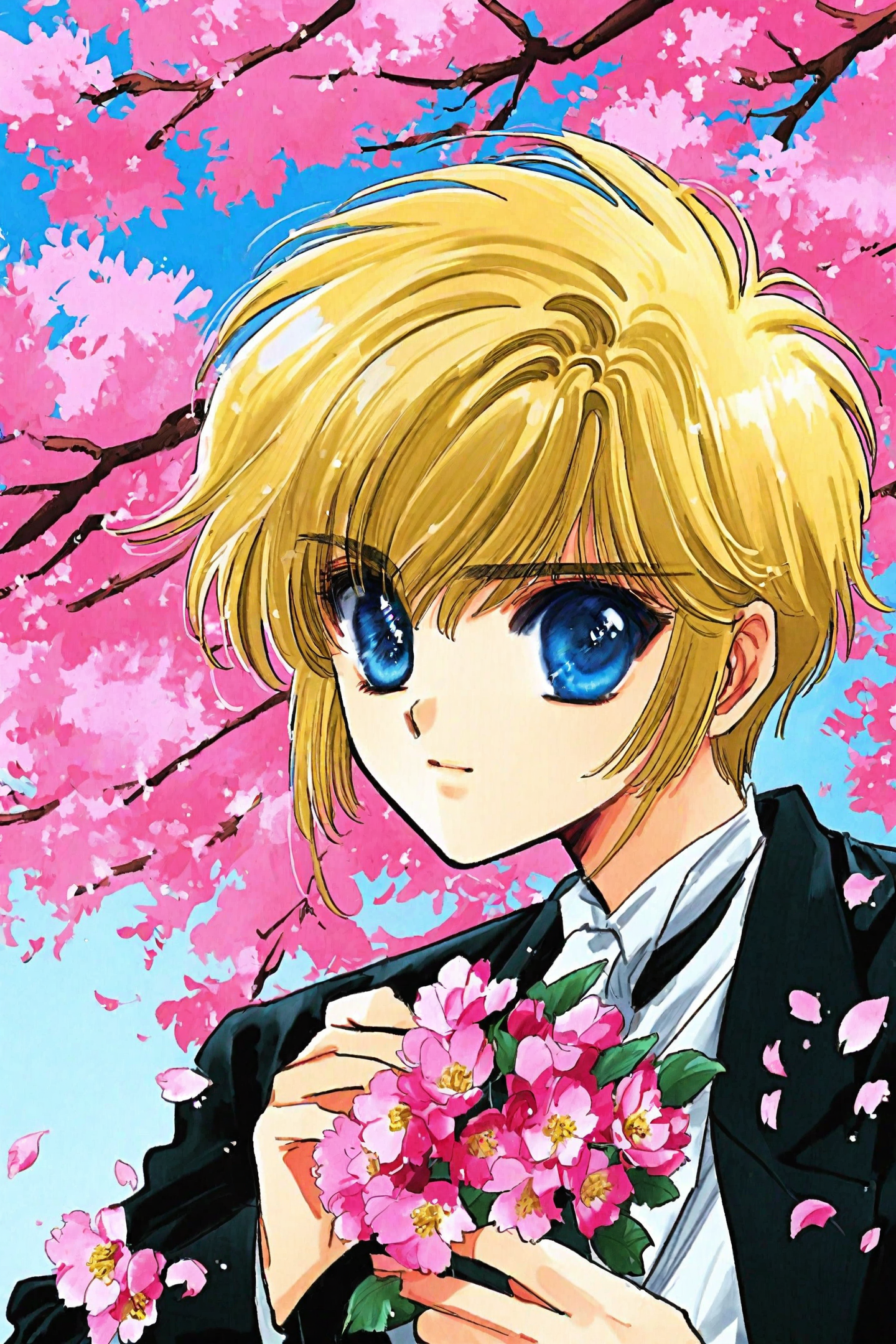 33653-1802397746-Clamp School Detectives,_Nokoru Imonoyama,1boy,solo,blonde hair,blue eyes,short hair,cherry blossoms,petals,1990s _(style_),retr.png